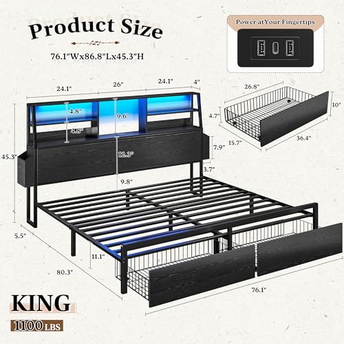 King Bed Frame with 3-Tier Storage Headboard&2 Drawers, Noise-Free, view 3