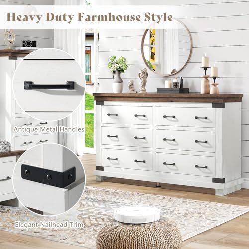 54" W Farmhouse Wood Dresser with 6 Drawers, Antique White, view 5