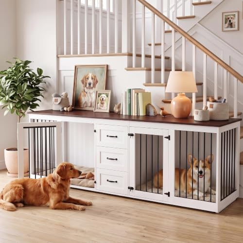 92.8" Double Dog Crate Furniture with 3 Drawers, Dog Kennel Indoor, view 3