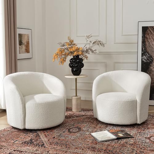34" W Swivel Barrel Chair Set of 2, Mid Century Modern Round Upholstered Boucle Swivel Accent Chairs, No Assembly Sofa Chair for Living Room Bedroom Reading, Cream