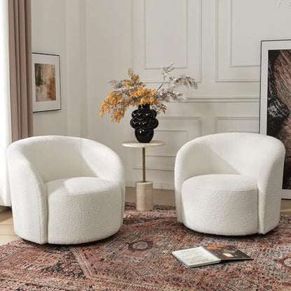 34" W Swivel Barrel Chair Set of 2, Mid Century Modern Round Upholstered Boucle Swivel Accent Chairs, No Assembly Sofa Chair for Living Room Bedroom Reading, Cream