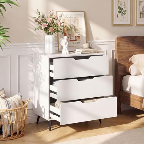 3-Drawer Dresser, Chest of Drawers, Rustic Farmhouse Wooden Storage Dresser, Sofa Beside Table, Utility Storage Organizer for Bedroom, Living Room, Study, Entryway and Closet (White)