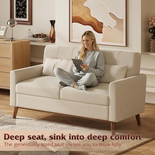 62" Loveseat Sofa, Mid Century Modern Small Couches for Living Room, Button Tufted Upholstered Couch for Bedroom, Solid Wood Frame, Easy to Install Furniture, Beige