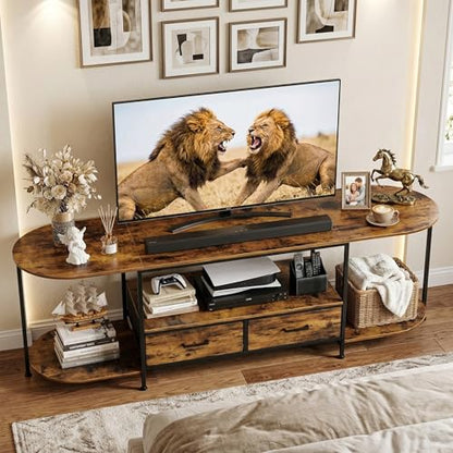 63 Inch TV Stand for TVs Up to 70 Inch, Rustic Brown Entertainment Center with 2 Fabric Drawers, Modern TV Console Table with Curved Edge, Wood Media Stand for Living Room Bedroom