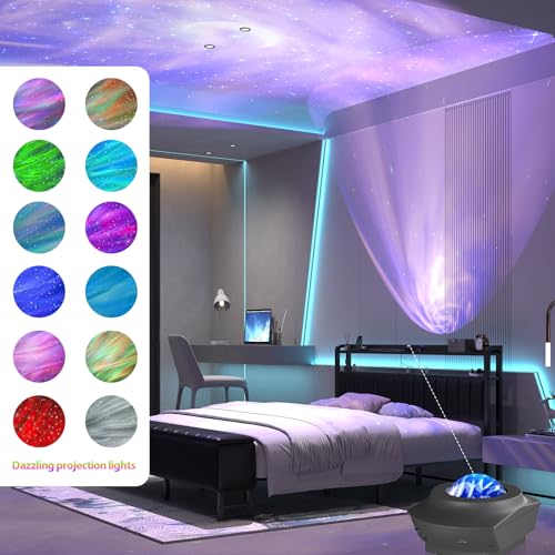 King Size Platform Bed Frame with Storage Headboard, Star Projector, Black, view 4