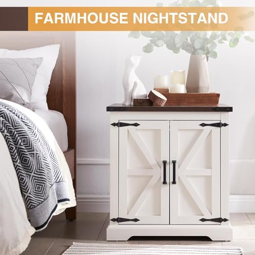 Farmhouse End Table with Charging Station,24" Large Sofa Side Table with Barn Door, Rustic Wood Square Nightstand Bedside Table with Adjustable Shelf for Living Room, Bedroom,Antique White