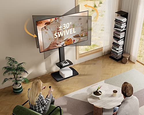 Floor TV Stand for Bedroom, Living Room, Tall Corner TV Stands for TVs 32 37 43 50 55 60 65 75 Inch Swivel TV Mount Stand with Height Adjustable Shelf Upgrade Sturdy Wood Base, Black