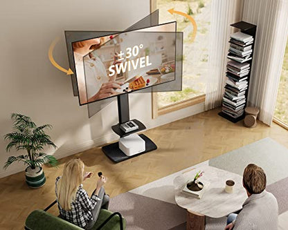 Floor TV Stand for Bedroom, Living Room, Tall Corner TV Stands for TVs 32 37 43 50 55 60 65 75 Inch Swivel TV Mount Stand with Height Adjustable Shelf Upgrade Sturdy Wood Base, Black