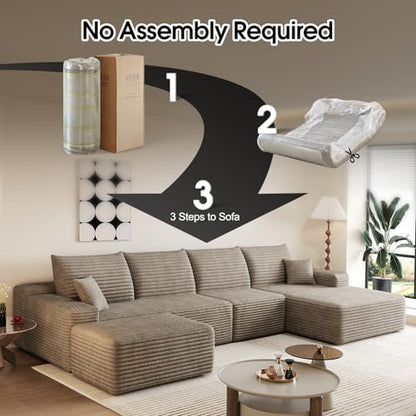 135.4" Comfy U-Shaped Sectional Modern Boneless Corduroy Couch with Chaise ‌and Ottoman‌ - No Assembly Required! Deep-Seat, Upholstered Modular Cloud Sofa for Living Room, Plush Corduroy Fabric