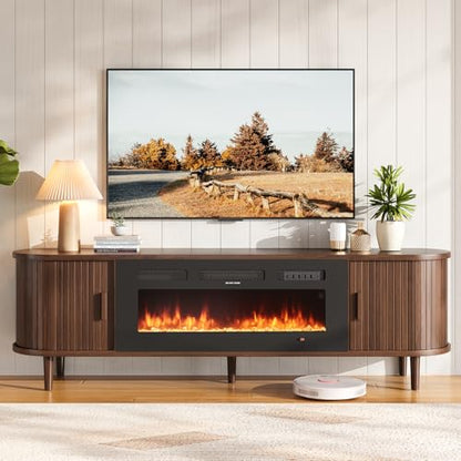 70" Mid Century Modern TV Stand with Fireplace, Fluted Fireplace TV Stand, view 4