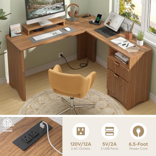 55" L Shaped Desk with Lift Top, Fluted Drawers, Brown Oak, view 5