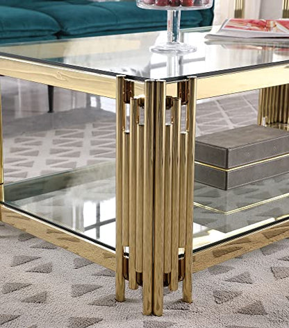 Luxury Clear Glass Coffee Table with Gold Stainless Steel Frame | Rectangle 2-Tier Coffee Table for Living Room Modern Elegant Cocktail Center Table with Storage Shelves for Home Office