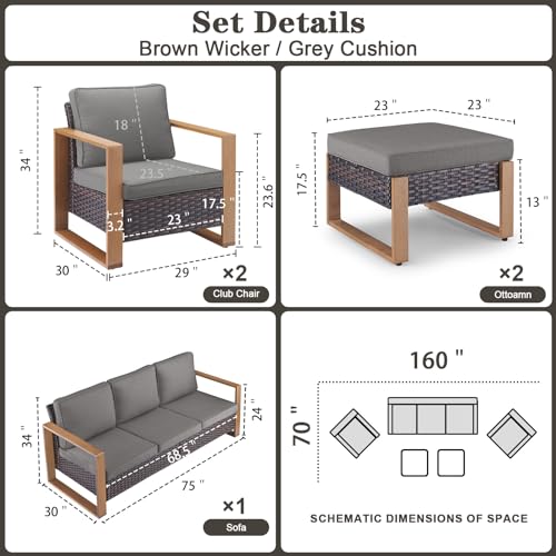 5 Piece Outdoor Wicker Patio Conversation Furniture Set Deep Seating, Metal Wide Armrests Patio Sofa Set with Rattan Chairs Ottomans for Porch Deck Sunroom Backyard