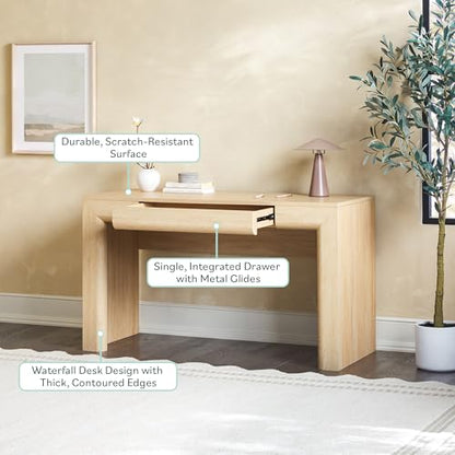 Amira Modern MDF Waterfall Writing Desk with a Built-in Storage Drawer, 52 Inch, Light Ash