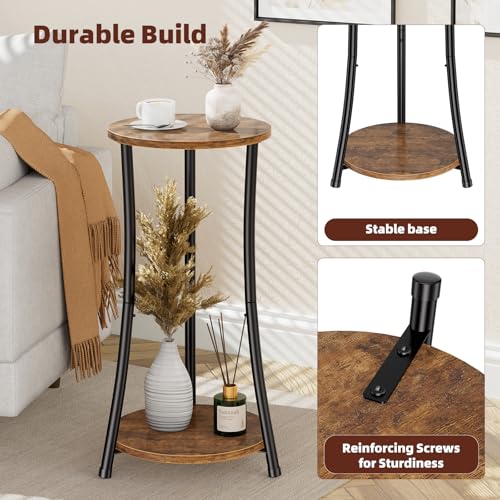 Round Side Table, 2 Tiers End Table for Living Room with Storage Shelf, Slim Sofa Table Set of 2, Rustic Brown