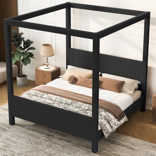 King Canopy Bed Frame with Upholstered Headboard and Footboard Black, view 5