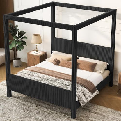 King Canopy Bed Frame with Upholstered Headboard and Footboard Black, view 5