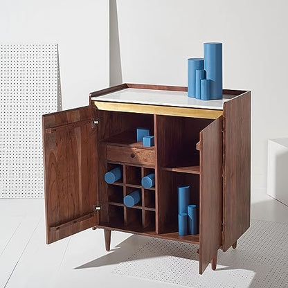 Couture Home Collection Milana Walnut Brown/White Marble Top Storage Bar Cabinet