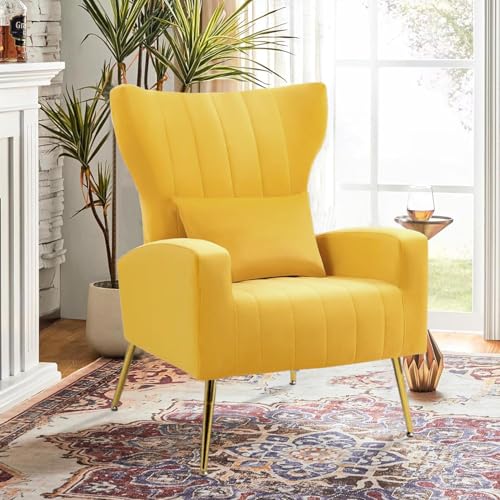 Modern Accent Chairs Set of 2, Wingback Chair with Arm & Gold Legs, Living Room Bedroom Side Chair with Lumbar Pillow, Velvet Upholstered, Channel Tufted, Yellow
