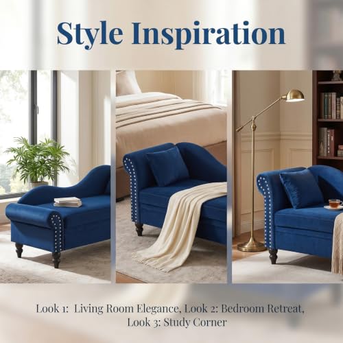 64.5" Velvet Chaise Lounge Chair Indoor with Storage, Navy Blue, view 4