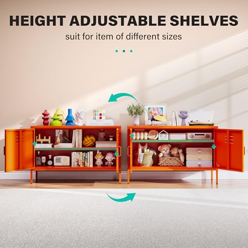 Orange Metal Storage Cabinet with Doors and Shelves, view 7