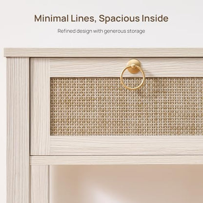 White Nightstand Set of 2,Rattan Decor Drawer with Brass Knobs Night Stand Bedside Table Boho End Tables Side Tables with Storage Shelf for Bedroom,Small Space