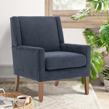 Modern Wingback Living Room Chair, Upholstered Fabric Accent Armchair, Single Sofa Chair with Lounge Seat and Wood Legs for Bedroom/Office/Reading Spaces, Blue