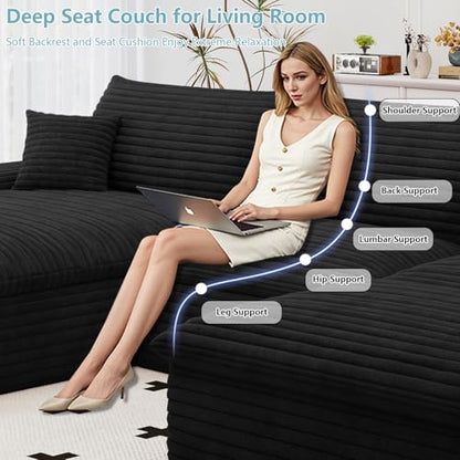 107" Cloud Sectional Couch with U-Shaped Chaise,Corduroy Viral Boneless Sofa with Ottoman,Memory Foam Couches in a Box with Deep Seat for Living Room,No Assembly Required (Black,Left-Facing Chaise)