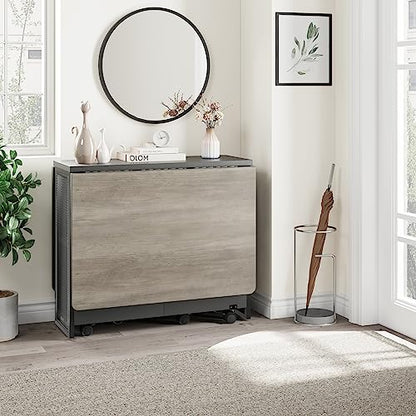 FoldingTable, Drop Leaf Dining Table with 6 Wheels and 2-Layer Storage Shelf, Space Saving Table for Small Spaces (Slate Oak, 50.1" D x 31.4" W x 29.5" H)