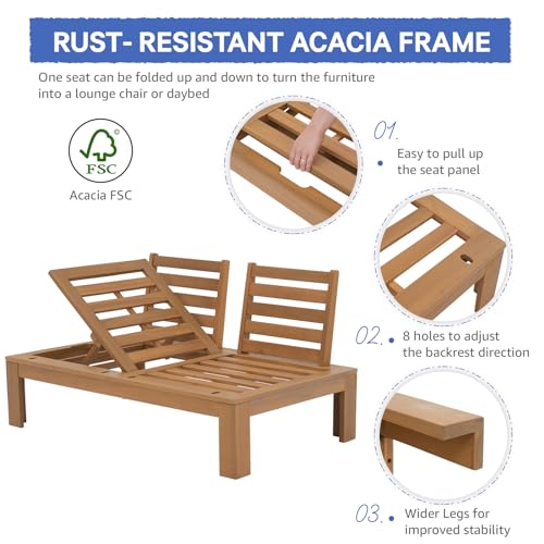 4 Piece Acacia Wood Patio Furniture Outdoor Sectional Sofa Set with Adjustable Armrest, FSC Certified L-Shaped Patio Set w/2-in-1 Coffee Table, Cream White Cushions for Garden