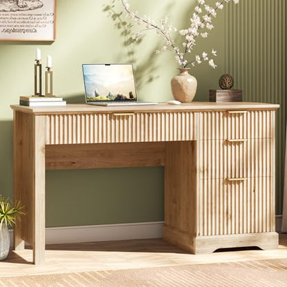 Fluted Executive Desk with Drawers, Wood Computer Desk with Ample File Drawer, Home Office Desk with Storage for Study, Bedroom, Living Room, Oak