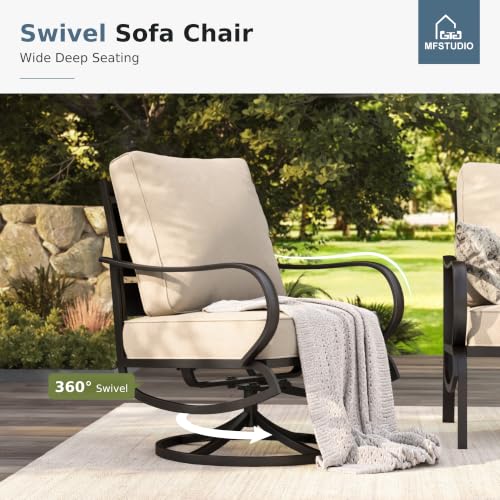 Patio Furniture Sets with 45" Gas Fire Pit Table, 8 Pieces Outdoor Metal Conversation Sets with 1 x 3-Seat Sofa, 2 Single Chairs, 2 Swivel Chairs and 2 Ottomans, Beige Cushion