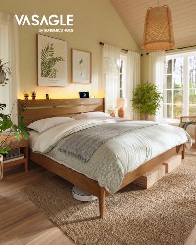 King Bed Frame, Wood Platform Bed with Headboard Storage Shelf, view 4