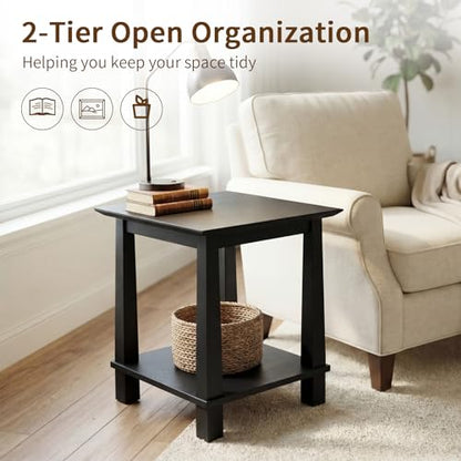 2-Tier End Table, Small Side Table Living Room with Solid Wood Legs, Nightstand with Open Space Square Bedside Table for Bedroom, Black