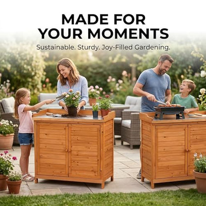 Outdoor Garden Patio Wooden Storage Cabinet Furniture Waterproof Tool Shed with Potting Benches Outdoor Work Station Table (Natural)