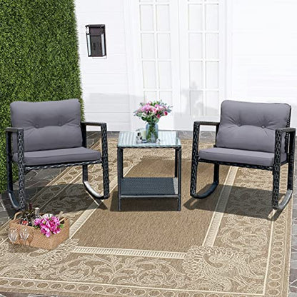 3 Pieces Patio Wicker Rocking Bistro Set, Outdoor Rocking Chair Furniture Set w/Cushioned Seat, Conversation Set w/Glass Coffee Table and Storage Shelf (Gray)