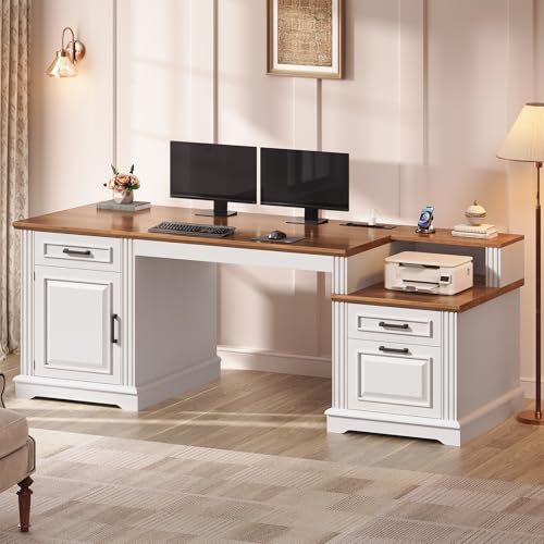 Farmhouse Executive Desk, 62'' Home Office Desk with File Drawers, view 2