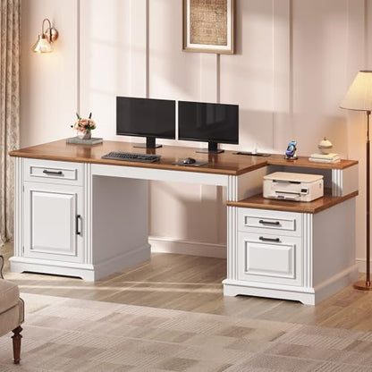 Farmhouse Executive Desk, 62'' Home Office Desk with File Drawers, view 2