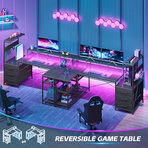 L Shaped Gaming Desk with Drawers & Storage Shelves, Corner Gaming Desk with Power Outlets & LED Light, Reversible Computer Desk with Monitor Stand & Hooks, Carbon Fiber Black