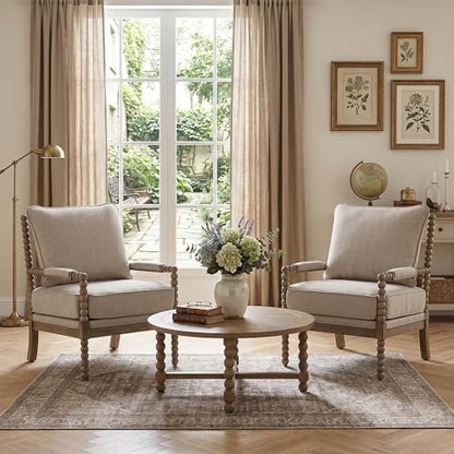 Linen Fabric Spindle Accent Chair with Wood Frame,Modern Accent Chairs with Padded Spring Seat and Brushed White Base for Living Room Bedroom Farmhouse Home Office Belcony