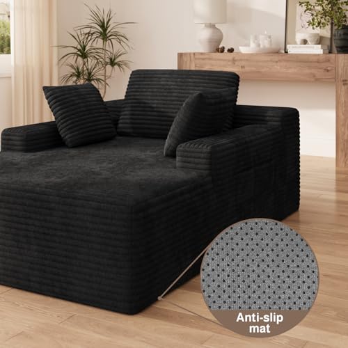 No-assembly oversized black corduroy pet-friendly chaise lounge with side pockets, view 7