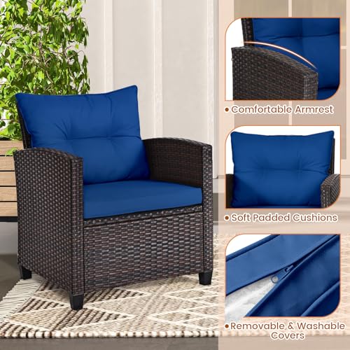 3 Pieces Patio Furniture Set, Outdoor Wicker Conversation Set Rattan Chairs with Cushions, Glass Coffee Table, Bistro Set for Front Porch Balcony Garden Deck Poolside (Navy)