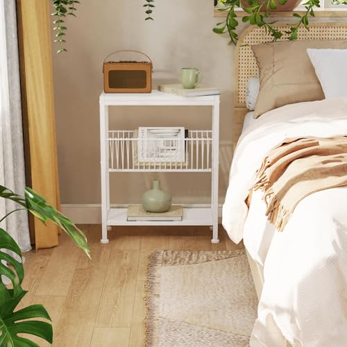 Side Table for Small Spaces, Narrow End Table with Magazine Holder, 2 in 1 Design Slim Side Table, Skinny Nightstand for Living Room Bedroom, Thin Side Magazine Table, White