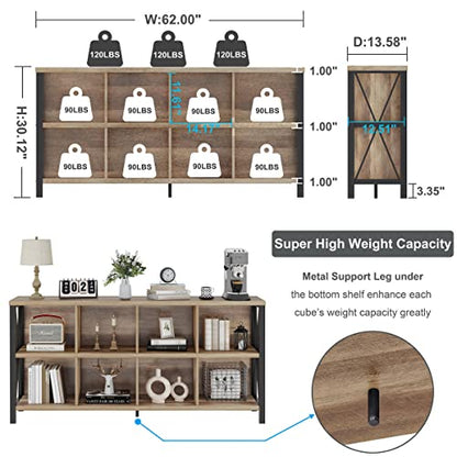 8 Cube Storage Organizer Bookshelf, 62 Inch Rustic Wood Horizontal Bookcase, Industrial Cube Long Book Shelf for Living Room (Rustic Oak)