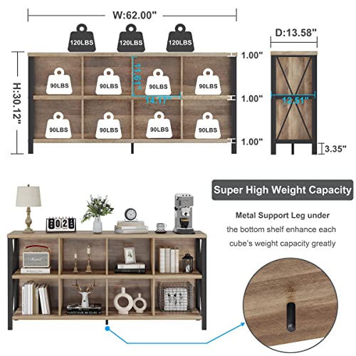 8 Cube Storage Organizer Bookshelf, 62 Inch Rustic Wood Horizontal Bookcase, Industrial Cube Long Book Shelf for Living Room (Rustic Oak)