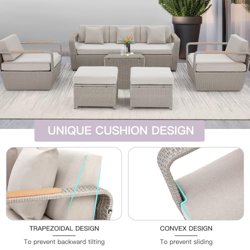 Patio Furniture Set, Oversized 7-Seat Outdoor Sectional with Ottoman and Coffee Table, Wicker Rattan Patio Sofa Set with 5" Thick Removable Cushions for Garden, Porch, Backyard, Light Gray