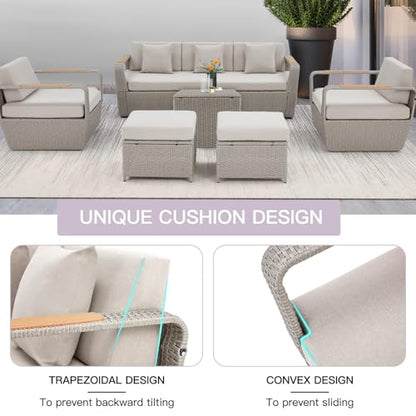 Patio Furniture Set, Oversized 7-Seat Outdoor Sectional with Ottoman and Coffee Table, Wicker Rattan Patio Sofa Set with 5" Thick Removable Cushions for Garden, Porch, Backyard, Light Gray