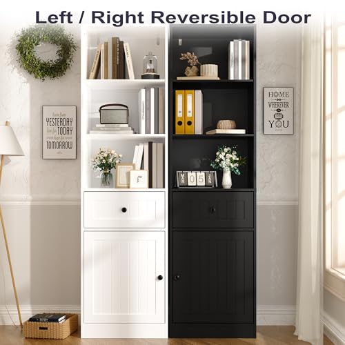Farmhouse 71" Tall Bookshelf with Drawer, Narrow Bookcase with Adjustable Left/Right Door, Adjustable Shelf, Freestanding Display Book Shelf for Bedroom,Living Room, Office, Black