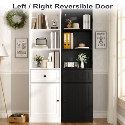 Farmhouse 71" Tall Bookshelf with Drawer, Narrow Bookcase with Adjustable Left/Right Door, Adjustable Shelf, Freestanding Display Book Shelf for Bedroom,Living Room, Office, Black