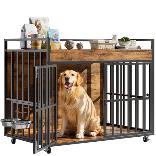 Heavy Duty Large Dog Crate Furniture with 360° Rotatable Bowls & Wheels, view 2